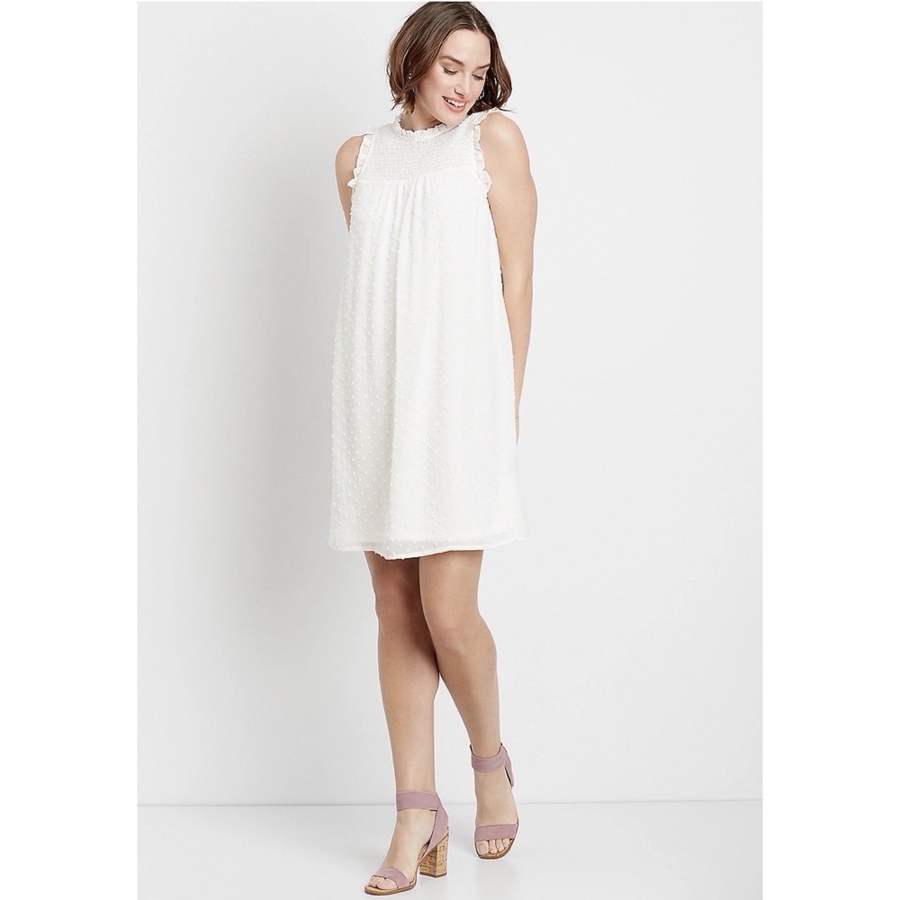Maurices Ruffle Mock Neck Shift Dress XS Mini Chiffon Flowy Swing Fairy‎ White